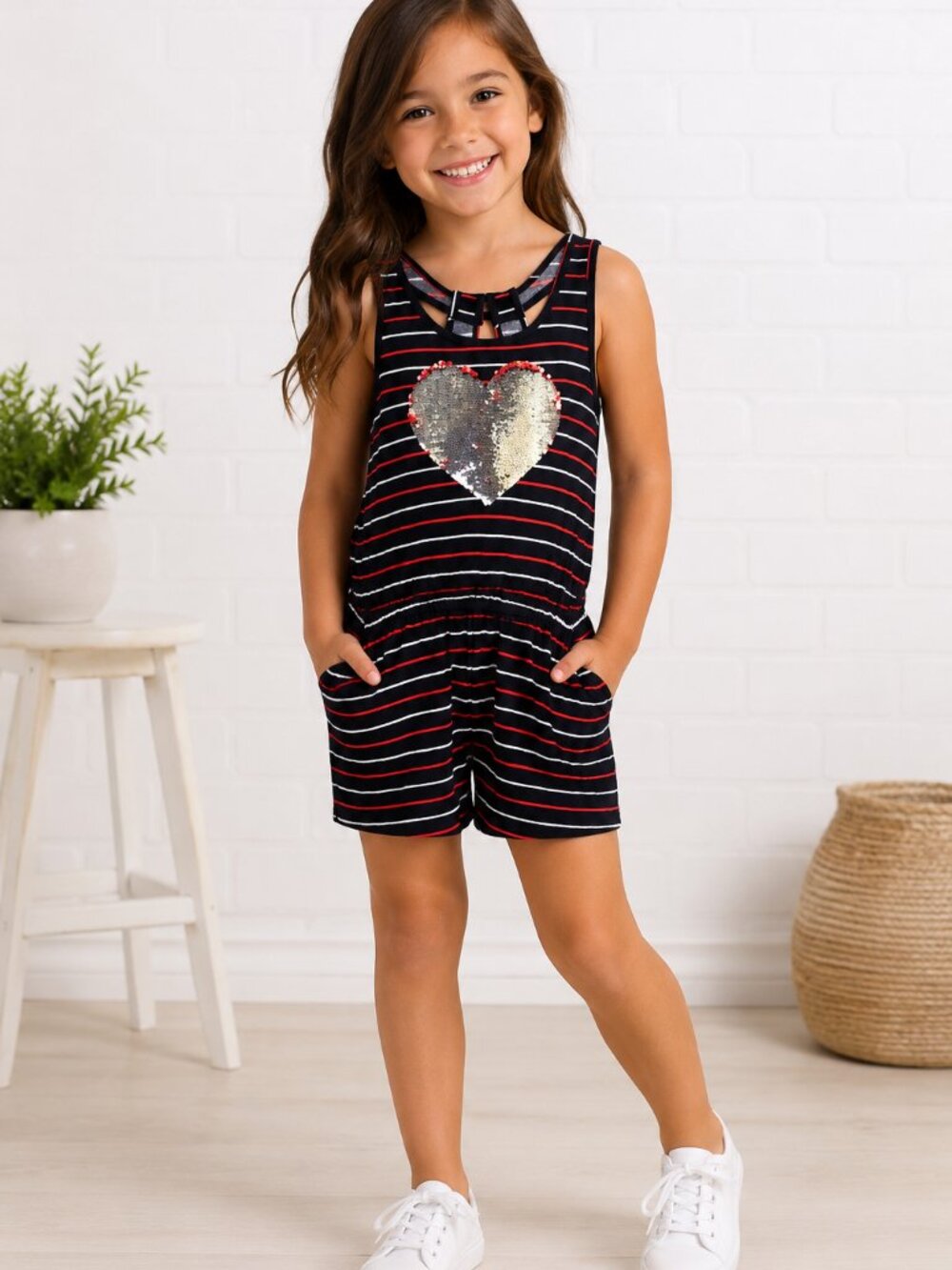 So Striped Heart Sequined Romper Girl's Sz 14